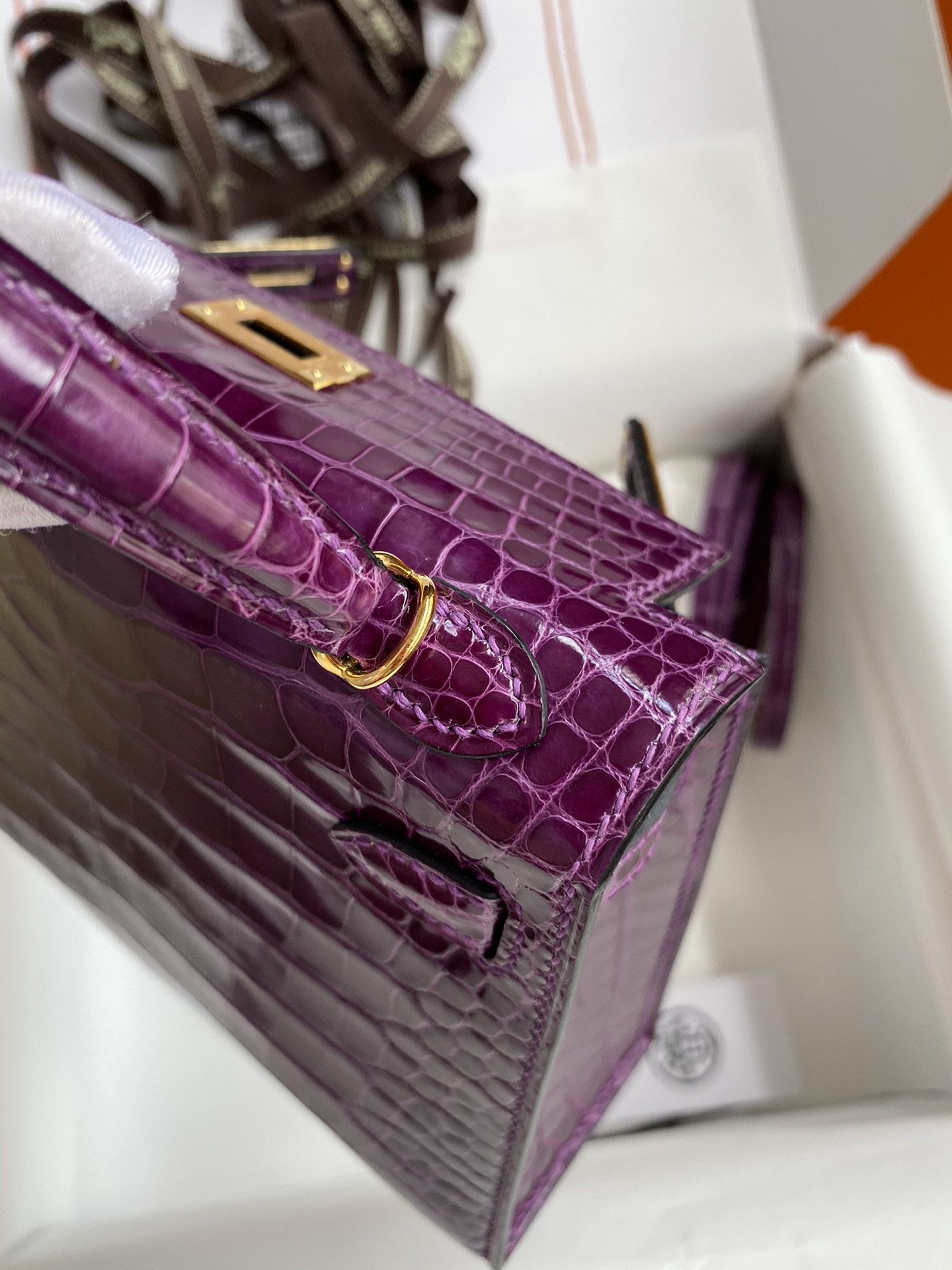 Hermes Kelly Mini II Bag 19CM In Dark Purple Shiny Alligator Leather